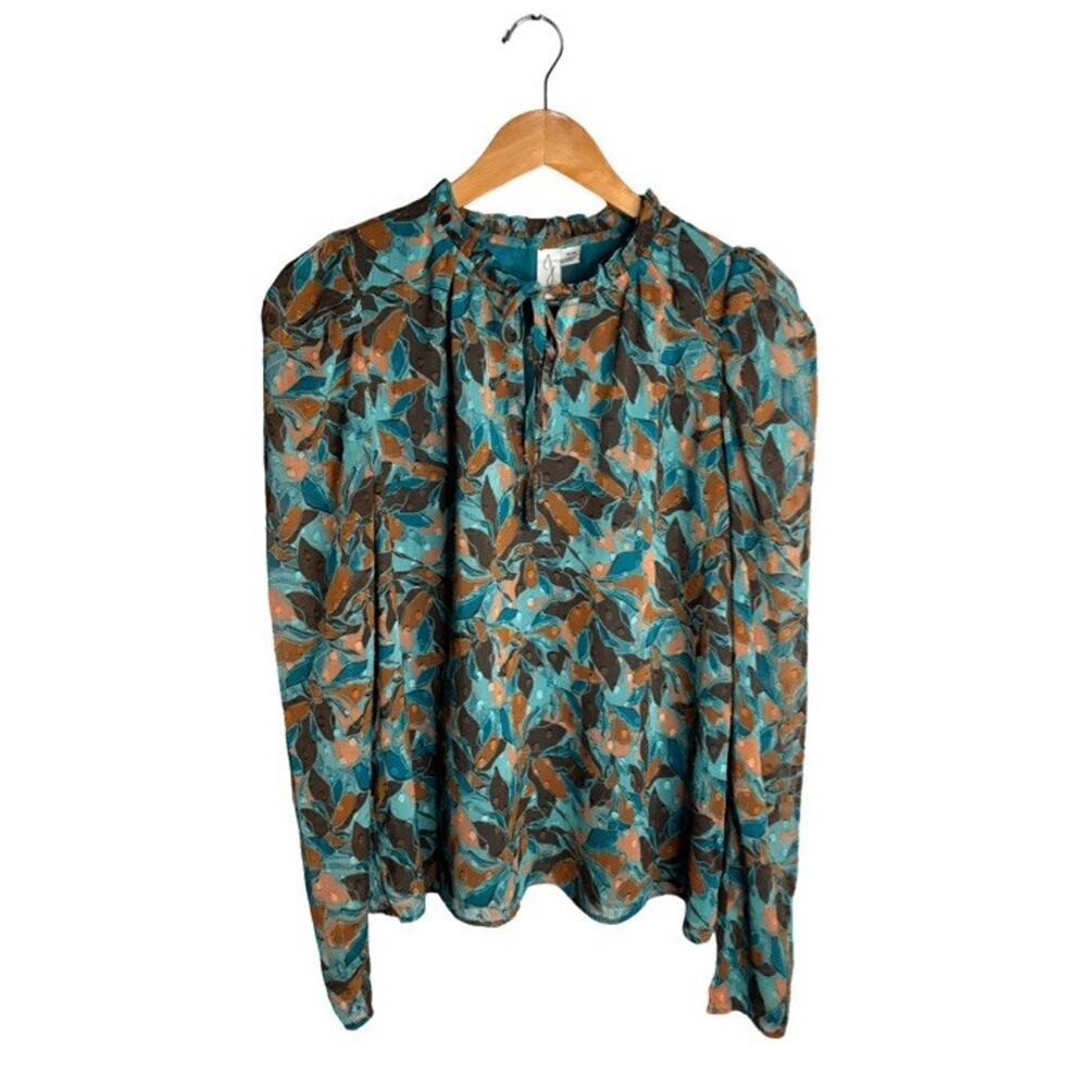 Joie Teal and Copper Leaf Print Long-Sleeve Blouse